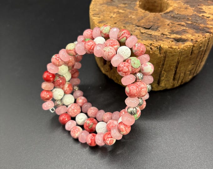 Rain Flower Jade and Pink Jade bracelet | Memory wire bracelet | Multistrand bracelet | gemstones | White Lava Diffuser Beads