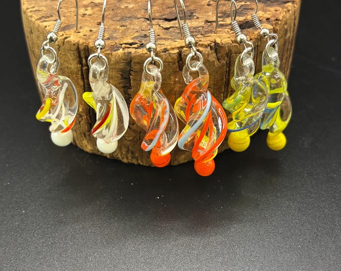 Lampwork Glass Swirl  Earrings |  Murano Inspired Lamp Work  |  Yellow White or Orange Glass Earrings