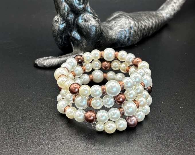 White Pearl Bracelet | Memory Wire Bracelet | Multistrand Bracelet | White Pearl  and Copper Pearls