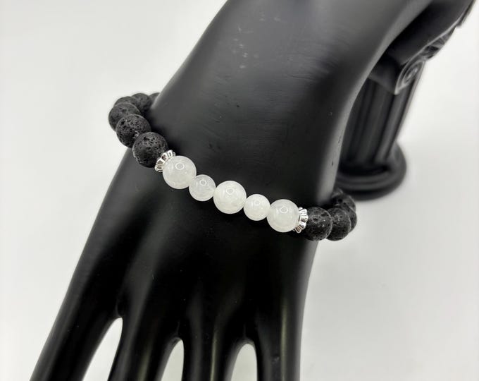 Birth Month June Gemstone Bracelet | Moonstone Gemstone Beads | Black Lava Gemstones  | Stretch Bracelet | Diffuser