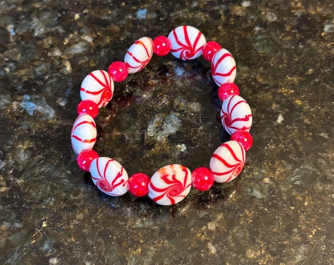 Lampwork Glass Christmas Bracelet:  Holiday  Jewelry Stretch Bracelet | Peppermint Candy Bracelet 8”