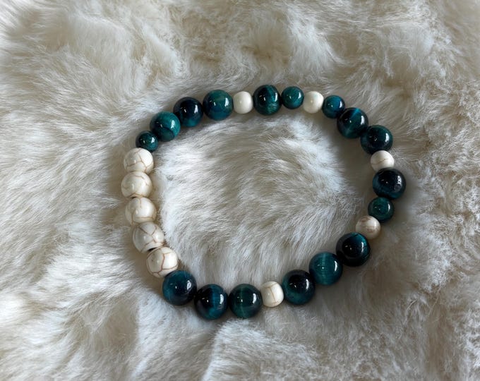 White Howlite and Tiger eye Gemstones | Gemstone bracelet | Stretch Bracelet | Morse Code bracelet | Badass