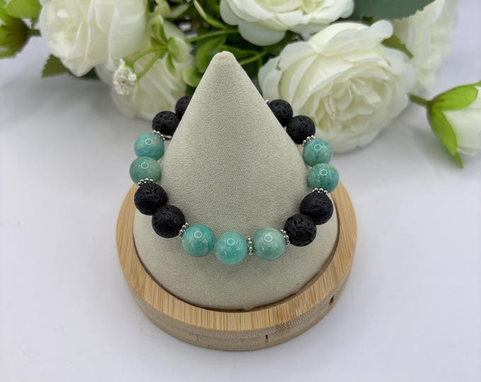 Amazonite and Black Lava Rock | Amazonite bracelet | Lava  bracelet | Gemstone bracelet | Stretch Bracelet | Diffuser Bracelet