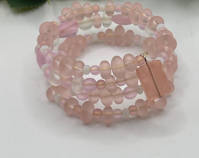 Pink Seaglass Bracelet | Memory Wire Bracelet | Multi-Strand Bracelet |  Pink Beach Glass