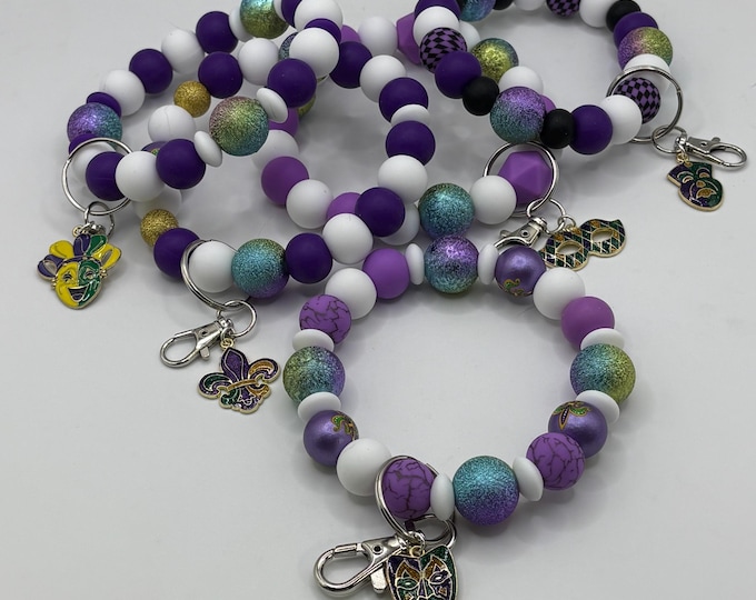 Mardi Gras  Beaded Wristlet Keychain  | Keychain | Mardi Gras  | Beaded Keychain | Key Fob | Faux Fur | Cruise