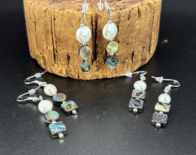Abalone Shell and Freshwater Pearl Earrings | Sterling Silver Ear Wires  |  Pearl Earrings | Abalone earrings