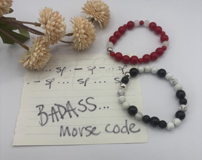 Red Coral and Moonstone Gemstone Bracelet | Howlite and Onyx Gemstone bracelet | Stretch Bracelet | Morse Code bracelet | Badass |