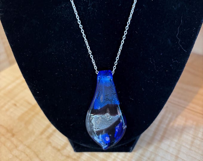 Blue Leaf Murano Inspired Pendant Necklace  | Glass Leaf Pendant | Silver Accent | Lampwork Pendant | Necklace With Silver Chain