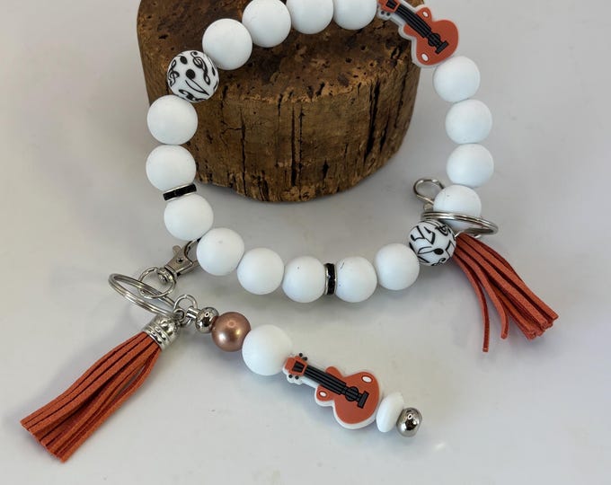 Music Guitar Theme Beaded Wristlet Keychain  | Keychain with Silicone and Guitar Focal | Keychain | Key Fob | Wristlet | Cruise