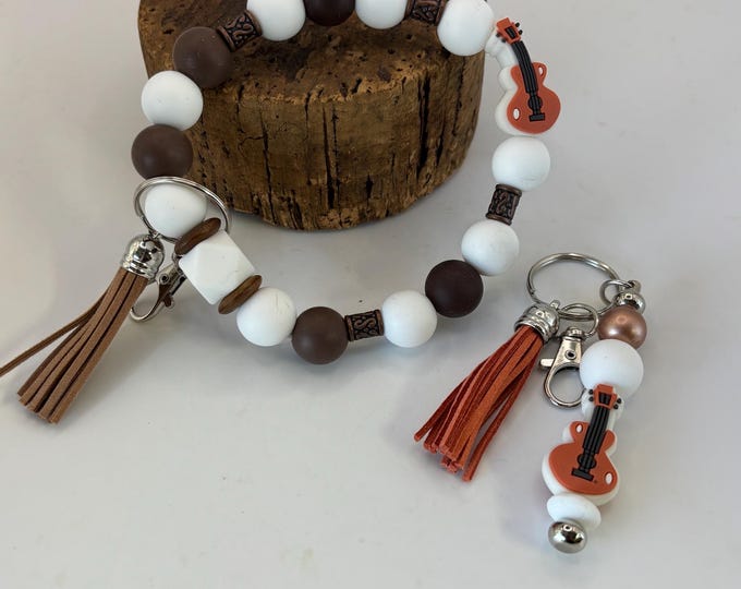 Music Guitar Theme Beaded Wristlet Keychain  | Keychain with Silicone and Guitar Focal | Keychain | Key Fob | Wristlet | Cruise