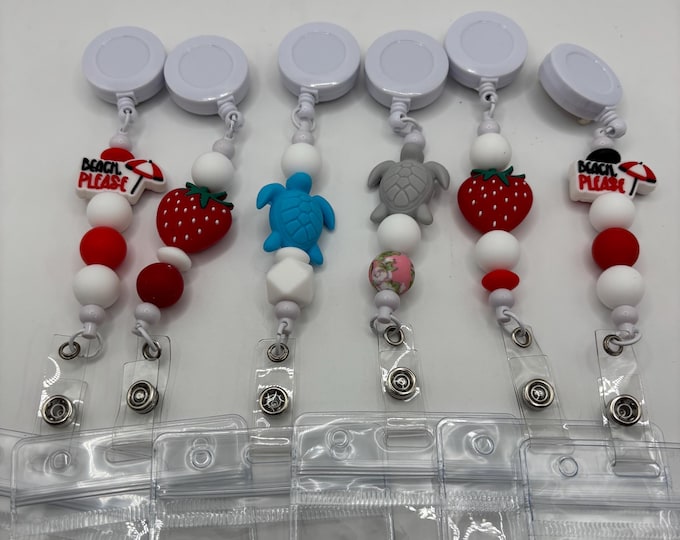 Summer Beachy Badge Reels Beaded  | Retractable Badge Holder | Silicone Beads | Turtles