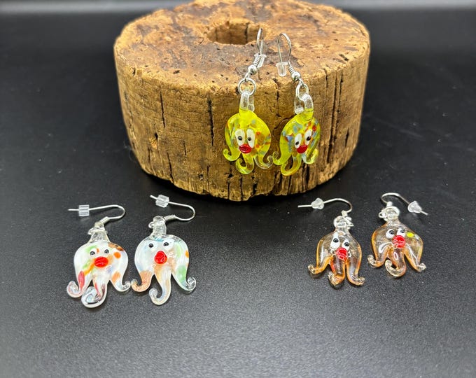 Octopus Lampwork Glass  Earrings |  Murano Inspired Lamp Work  |  Millefiori Glass Earrings