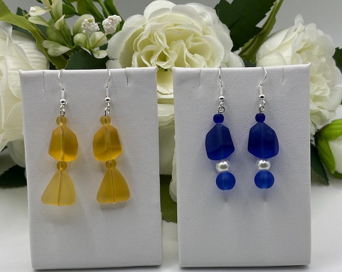 Marigold Yellow Seaglass Earrings | Cobalt Blue Seaglass Earrings | Beach Glass Earrings | Seaglass Earrings on Sterling Silver