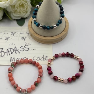 Pink Tiger Eye Bracelet | Blue Tiger Eye Bracelet | Pink Jade Gemstone Bracelet | Stretch Bracelet | Morse Code bracelet | Badass |