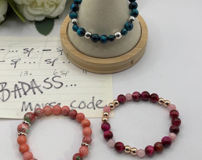Pink Tiger Eye Bracelet | Blue Tiger Eye Bracelet | Pink Jade Gemstone Bracelet | Stretch Bracelet | Morse Code bracelet | Badass |