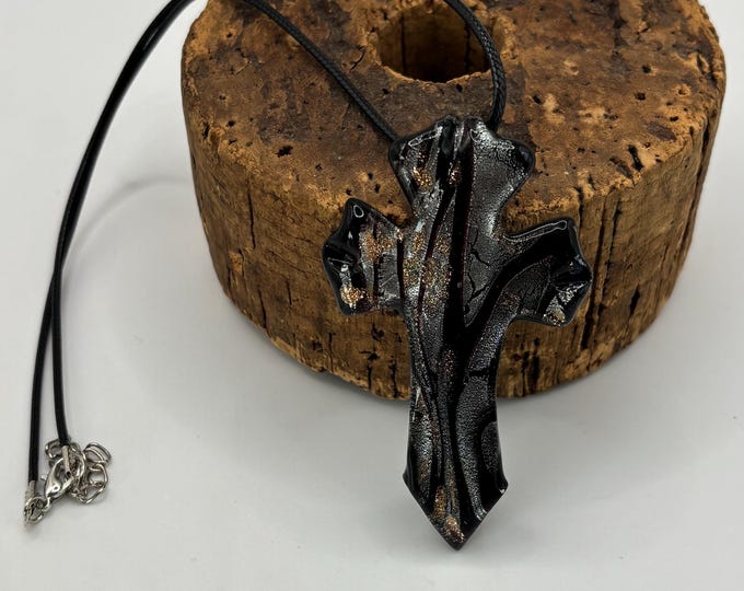Black Cross Lampwork Necklace | Glass  Pendant  | Lampwork Jewelry | Necklace with Cord | Murano inspired Lampwork Pendant