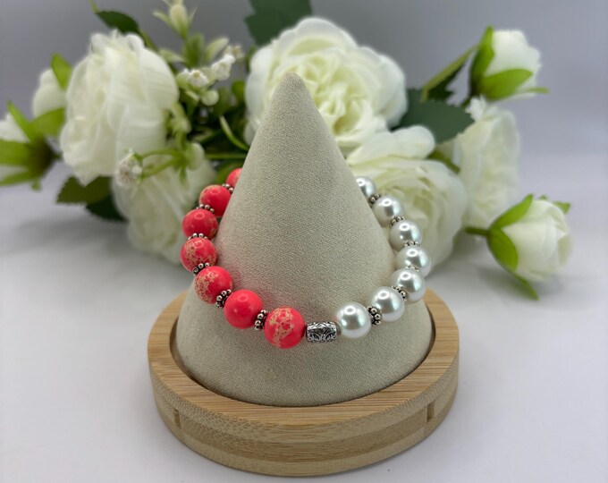 White Pearl and Hot Pink Howlite Gemstones | Gemstone bracelet | Stretch Bracelet