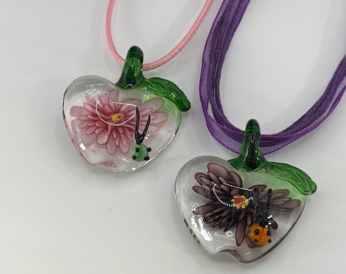 Pink or Purple Design Heart Pendant Necklace | Colorful Heart Pendant Necklace | Glass Pendant | Necklace Cord | Flower