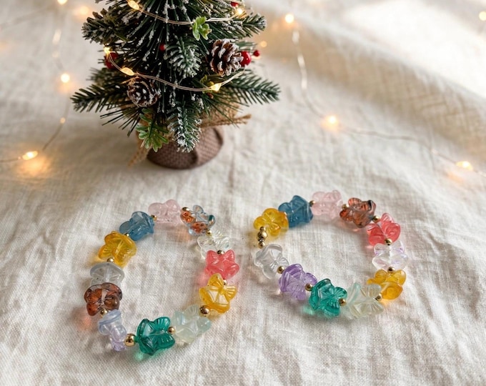 Lampwork Glass Christmas Bracelet:  Holiday  Jewelry Stretch Bracelet | Bells and Bows | 2 Sizes available