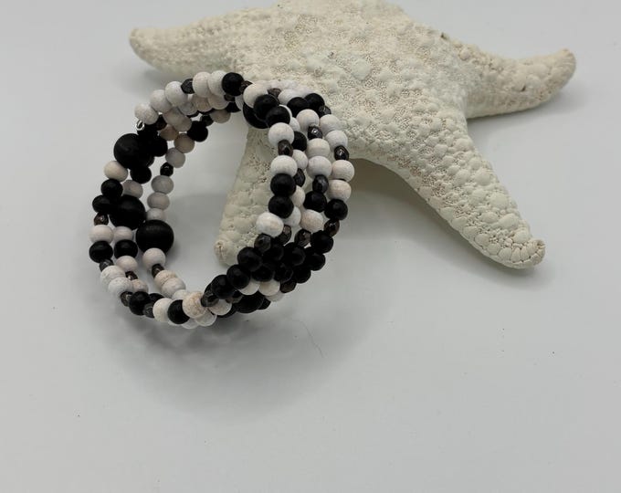 Black and White Wooden Beads | Memory Wire Bracelet | Multi-Strand Bracelet |