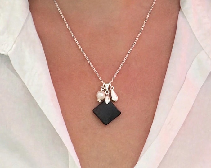 Black Seaglass Necklace | Black Seaglass | Seaglass Necklace with Freshwater Pearl |