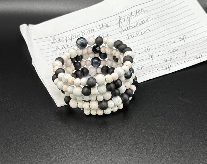 Black and White Wooden Beads| Memory Wire  Bracelet | Morse Code bracelet | Supporting the Fighter Quote