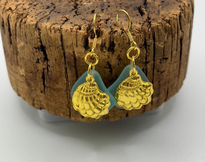 Blue Seaglass Earrings | Blue Seaglass | Seaglass Earrings with Charm | Shell Charm