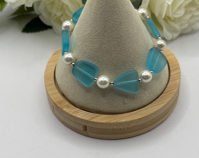 Blue Seaglass Bracelet | Blue Seaglass |  Freshwater Pearls | Seaglass Bracelet