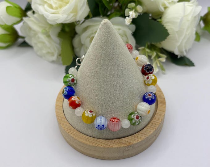 Millefiori 10mm Round Glass Bead Bracelet | White Jade Gemstone Accent Beads - 7 3/4 In