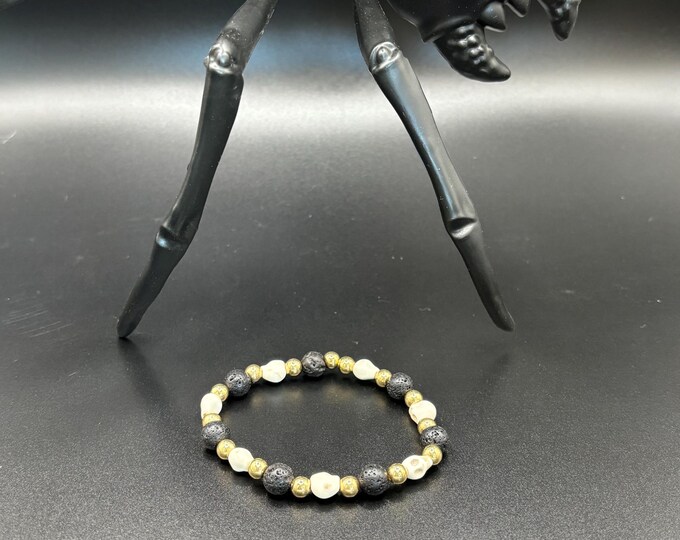 Black Lava and White Howlite  Gemstones | Halloween Gemstone bracelet | Stretch Bracelet | Skull bracelet |