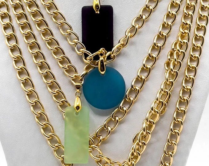 Seaglass Pendant Necklace | Green Blue Black Seaglass | Seaglass Necklace |  Seaglass on Gold plated Aluminum Base Chain | Seaglass Pendant