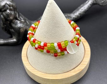 Seaglass Memory Wire Bracelets | Seaglass Jewelry | Beach Glass Bracelet | 4mm Rounds | Red Green Amber and White | Red White Blue | Candy
