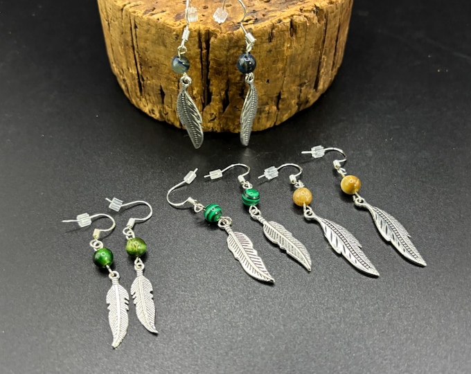 Feather Earrings | Bohemian Earrings | Silver Feather Earrings | Gemstone Accents  | Boho Style