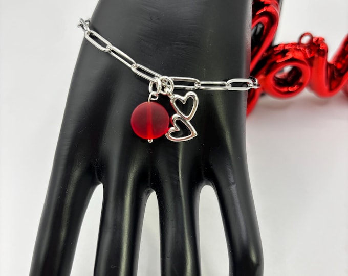Valentine Theme Seaglass Charm and Heart Bracelet:  Valentine Jewelry | Heart Bracelet | Paper Clip Style with Extender