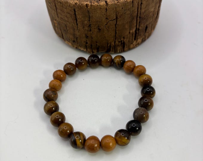 Brown Tiger Eye  Gemstones Beaded Bracelet |  8 inch Stretch bracelet | Wood accent bead