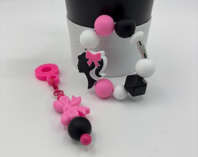 Girly Hot Pink and Black Stanley Cup Bracelet:  Cup Handle Bracelet | Straw Charm | Barbie Inspired