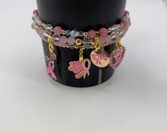 Breast Cancer Stanley Cup Bracelet | Tumbler Bracelet | Tumbler Charm Bracelet |  | Stretchy Cup Bracelet | Ribbon Charms