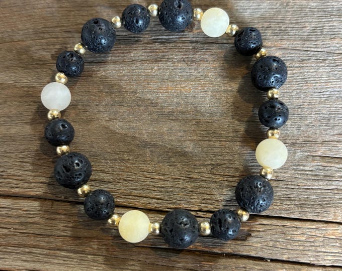 Black Lava Rock | Yellow Jade Gemstones | Stretch Bracelet | Mens or Ladies Bracelet