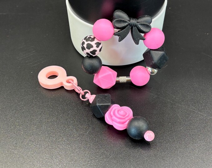 Girly Hot Pink and Black Stanley Cup Bracelet:  Cup Handle Bracelet | Straw Charm | Purse Bracelet | Animal Print