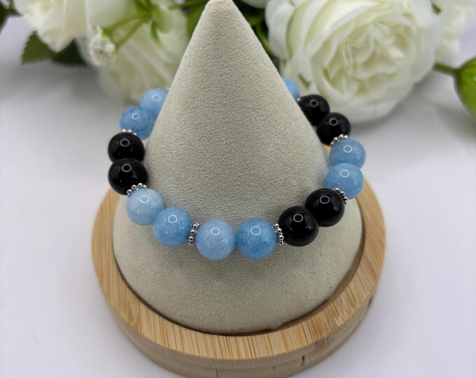 Aquamarine and Onyx | Onyx  bracelet | Aquamarine bracelet | Gemstone bracelet | Stretch Bracelet