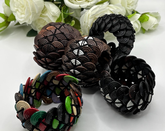 Wood Bead Bracelets | Scrunch Bracelet | Bangle Style | Wood Beads | 2 inches Wide | Boho Bracelet