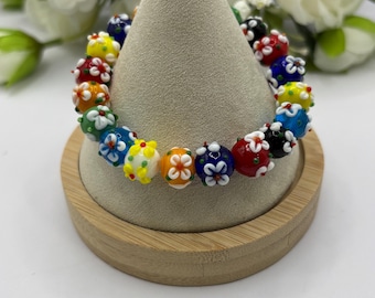 Pulsera de cristal de Murano con flores: Pulsera elástica de joyería de cristal /