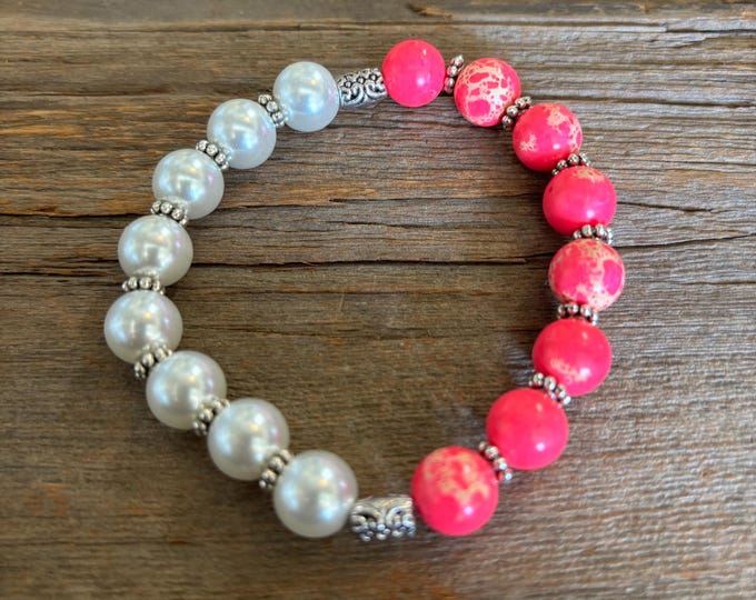 White Pearl and Hot Pink Howlite Gemstones | Gemstone bracelet | Stretch Bracelet