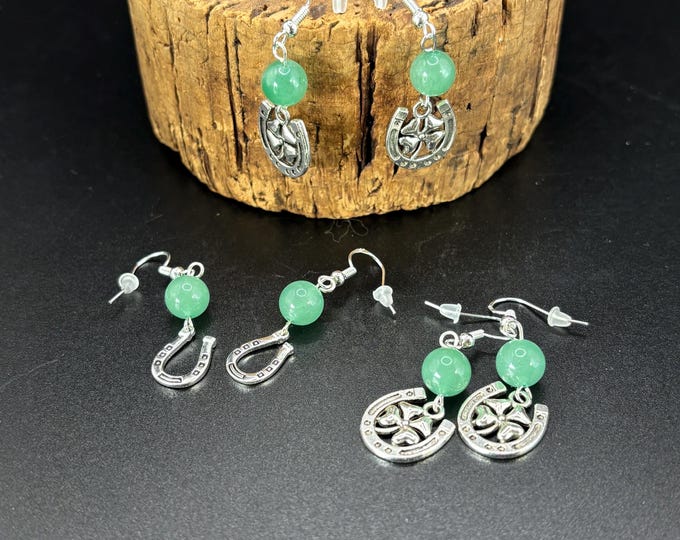 Aventurine Horseshoe Lucky Earrings  on Silver Ear Wires  |  Gemstone Earrings | Clover Earrings