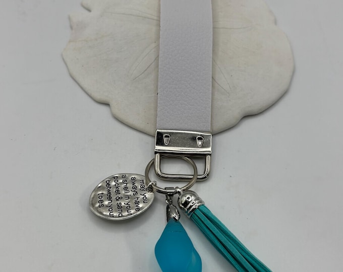 Faux Leather and Seaglass Wristlet Keychain  | Keychain with Seaglass and Charm | Coastal Keychains  | Sea Shore Keychain | Key Fob |