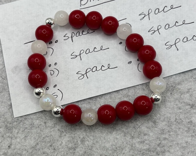 Red Coral and Moonstone Gemstone Bracelet | Gemstone bracelet | Stretch Bracelet | Morse Code bracelet | Badass |