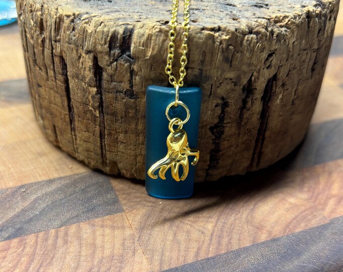 Blue Seaglass Necklaces | Blue Seaglass | Seaglass Necklace with Charm | Octopus Charm