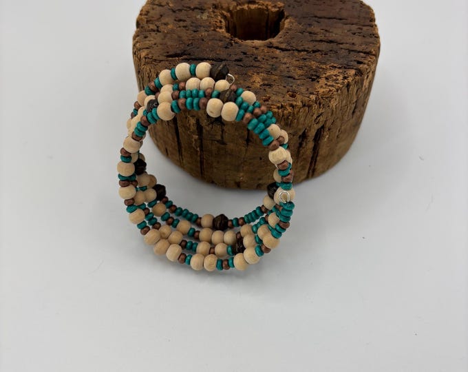 Teal Brown and Tan Wooden Beads |  Memory Wire  Bracelet | Morse Code bracelet | Supporting the Fighter Quote