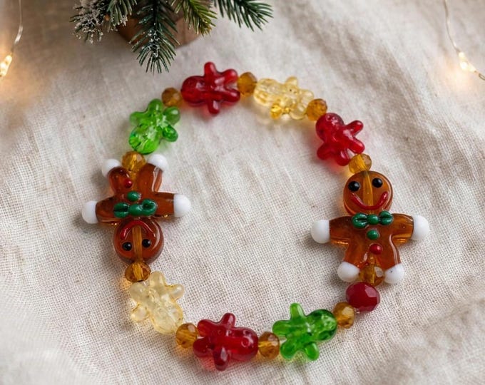 Lampwork  Glass Gingerbread Christmas Bracelet:  Holiday  Jewelry Stretch Bracelet |
