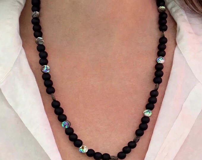 Abalone and Black Seaglass Necklace | Seaglass Necklace | 8mm Beads | Beach Glass Rounds | Pirate glass | Abalone | Set Option